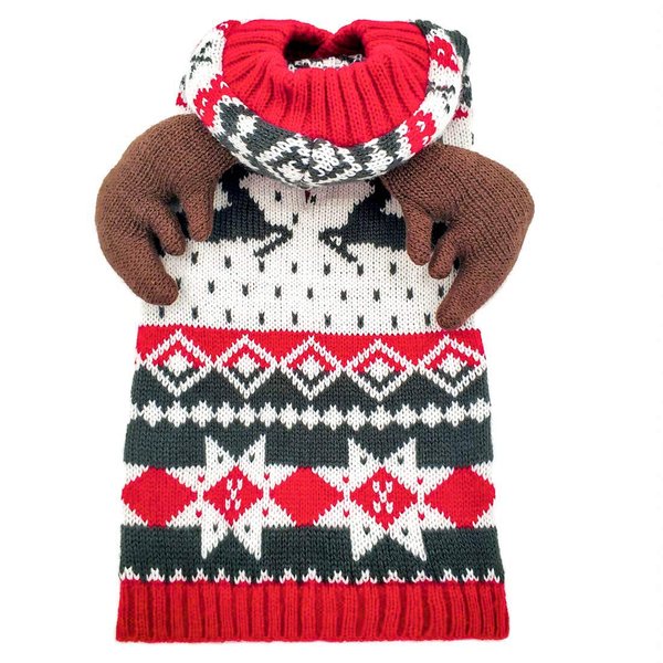 KYEESE Holiday Dog Sweater Christmas Hoodie with Leash Hole Reindeer Snowflake Red Dogs Knitwear Small Pullover Pet Sweater Christmas
