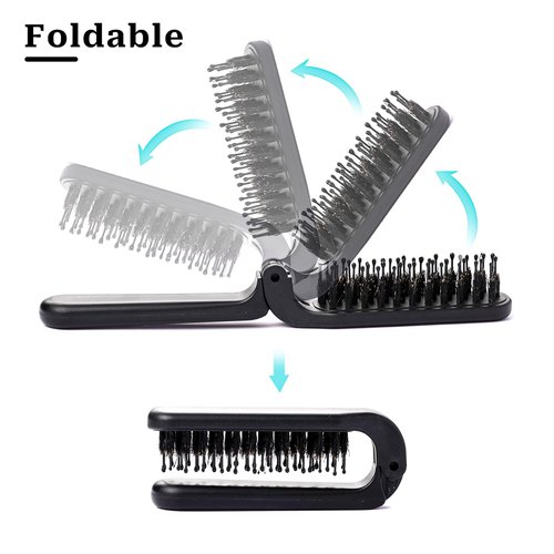 Foldable Brush for Purse, 2 Pack Small Portable Travel Hair Brush with Natural Boar Bristle and Nylon Bristle,Folding Comb Mini Wet Hairbrush Compact Pocket Brush for Car Gym Bag Locker (Black)