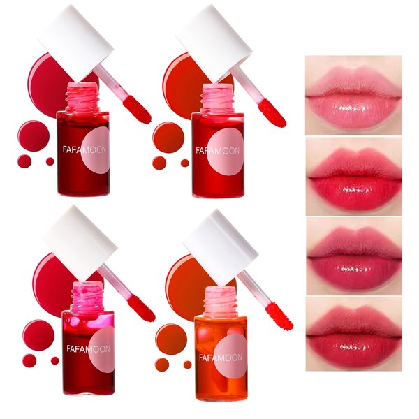 Bekoeen 4PCS Lip Tint Stain Set, Mini Liquid Water Tint,Korean Lip Gloss Moisturizing Natural,Long Lasting Waterproof,Multi-Use Lip and Cheek Tint