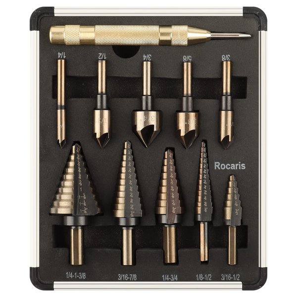 Rocaris 5 Pcs Step Drill Bit & 5 Pcs Countersink Drill Bit Set, Titanium Coated, 50 Sizes of Step Bit for Metal with Aluminum Case, Multiple Hole Stepped Up Bits for DIY