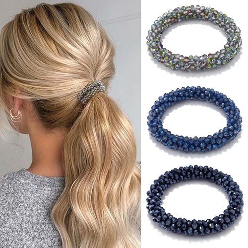 Fashey Pearl Hair Ties Rhinestone Ponytail Holder 3 Pcs Bead Set Hair Scrunchies Elastic Hair Bands Hair Accessories for Women and Girls (blue,green,dark blue)