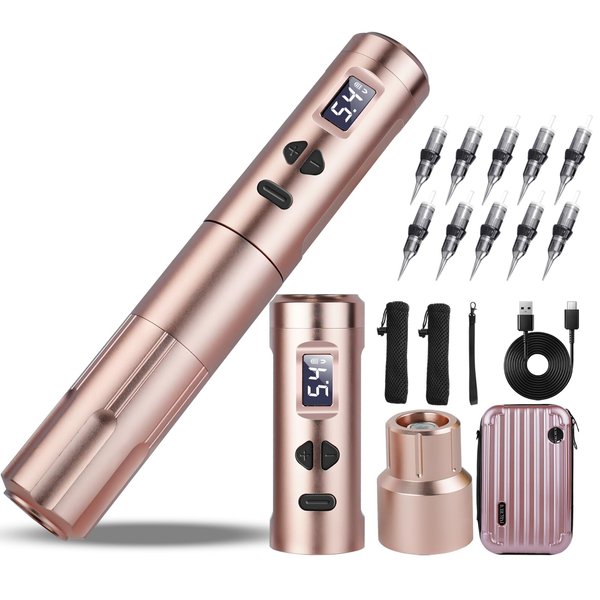 INKCHUM Rechargeable Wireless Tattoo Machine, Professional Tattoo Gun with 2 Batteries 10W Coreless Motor Digital OLED Display for Professionals and Beginners Microblading Artists