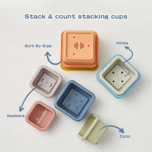 AMCHSURI Stacking Cups Toy Set, Fun Educational Baby Toys, 13-PC Stackable Cups with Number Nesting Cups & Bath Boats Bath Toy for Babies 6-12 Months Stacking Cups for Toddlers 1-3