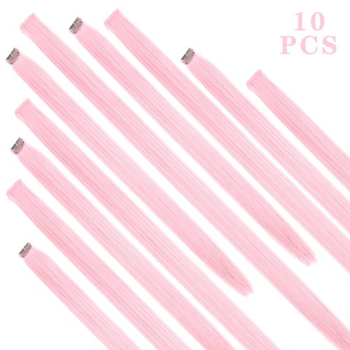 Light Pink Hair Extensions Clip In Neon Hair Extension Hairpieces Party Highlights Synthetic Halloween Hair Accessories Colored Straight Extension Clip Ins for Kids Girls 22" 10pcs