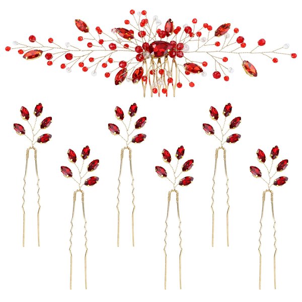 inSowni 7 Pieces Vintage Party Prom Wedding Bridal Red Bead Crystal Rhinestone Hair Side Combs+U-shaped Hair Pins Bridal Headpieces for Brides Bridesmaids Women Girls