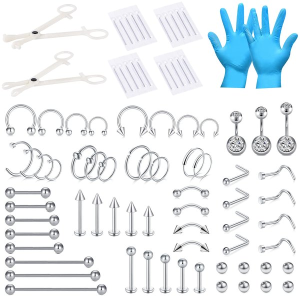 JIESIBAO 75PCS Mixed-size Piercing Kits for All Piercings,Stainless Steel Piercing Kit 14G 16G 18G 20G Piecing Needles for Ear Cartilage Tragus Nose Septum Lip Nipple Piercing Tools