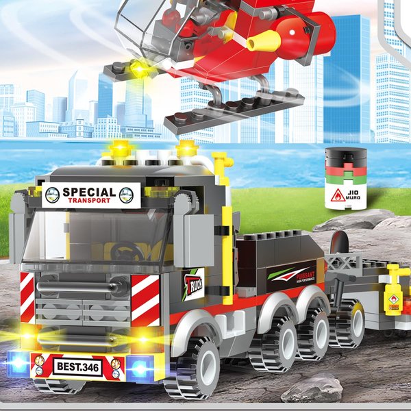 GOTIMON City Fire Trailer Building Blocks Toys, 412 Pieces, Fire Trailer, Helicopter, Gifts for Kids and Adults
