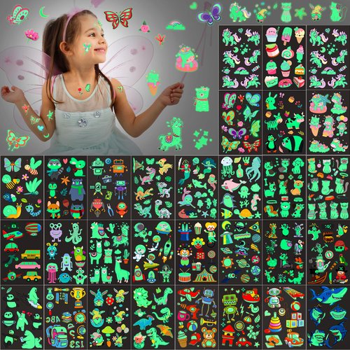 Sinmoe 400 Pieces Glow Temporary Tattoos for Kids Waterproof Luminous Mixed Style Cartoon Tattoo, Unicorn Dinosaur Mermaid Animal Fake Tattoo Stickers Party Supplies, 30 Sheets