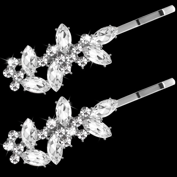 Isslly 2PCS Silver Rhinestones Hair Clips, Bridal Crystal Hair Pins, French Hairpins Alloy Leaf Shape Barrettes for Women, Girls for Wedding, Parties (1 Pairs)