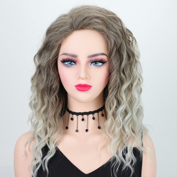 Fencca Ash Blonde Wave Curly Wigs for Women Layered Medium Length Blonde Curly Wig Synthetic Free Part Fluffy Wig Easy Wear To Go Hair Replacement Wig 18 inch Mix Color Wig