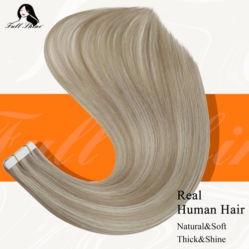 Full Shine Tape in Hair Extensions Human Hair 18 Inch Blonde Remy Human Hair Tape in Extensions Color 18/613 Ash Blonde Highlight with Platinum Blonde Invisible Hair Extensions Tape in 20Pcs 50Grams