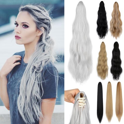 Cephermer Ponytail Extension 22'' 24'' Long Wavy Straight Claw Clip in Pony Tails Hair Extensions Natural Looking Synthetic Hairpiece for Women Silver Gray