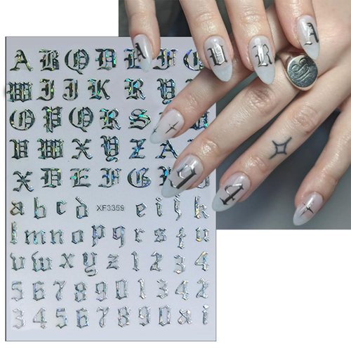 8 Sheets Old English Nail Sticker Holographic Letter Nail Art Decals 3D Self-Adhesive Alphabet Nail Art Supplies 8colors Letters Words Nail Design for Women Girls DIY Manicure Tip Nail Decoration