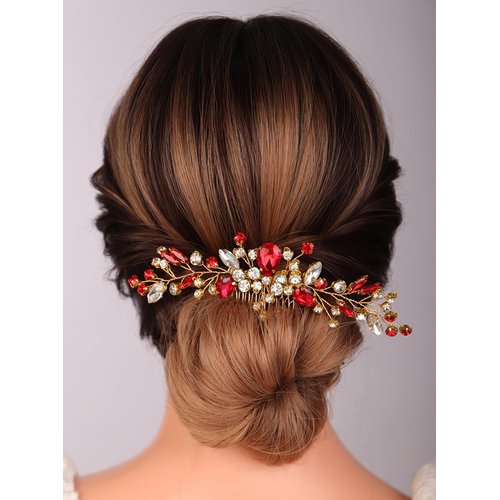 Teyglen Bride Crystal Wedding Hair Comb Red Rhinestone Bridal Side Comb Wedding Hair Accessories Teardrop Crystal Hair Piece Rhinestone Headpiece for Women Bride Girls (Red)