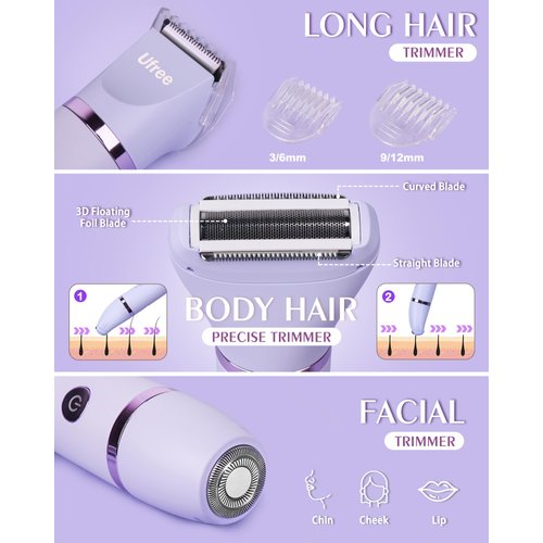 Ufree Bikini Trimmer for Women, Electric Razor for Pubic Legs Body Hair Rechargeable Removal with Snap-in Ceramic Blades, Face Razors for Women, IPX7 Waterproof, Purple, Gifts for Women
