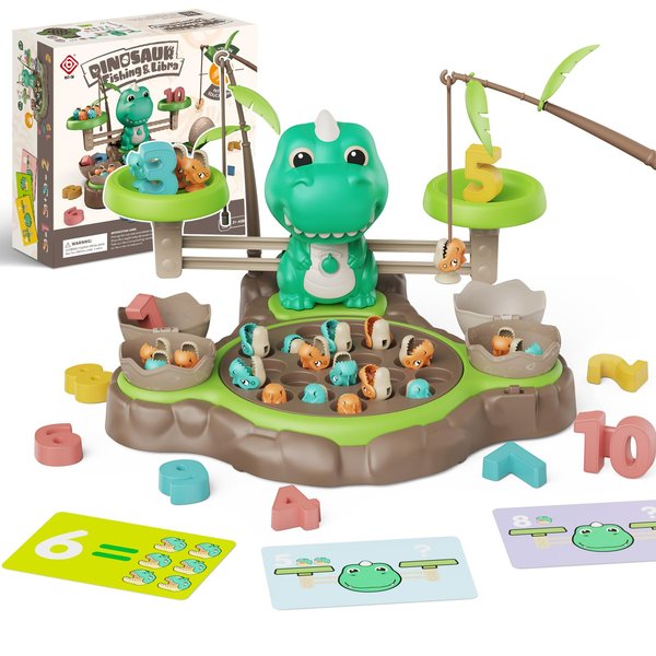 Geokay 2 in 1 Dinosaur Magnetic Fishing & Balance Math Game, 21 Pcs Dinosaur Toys with 10 Interactive Math Cards, Math Learning Counting Toys, Pre-Educational Board Game for Ages 3-6 (Light Green)
