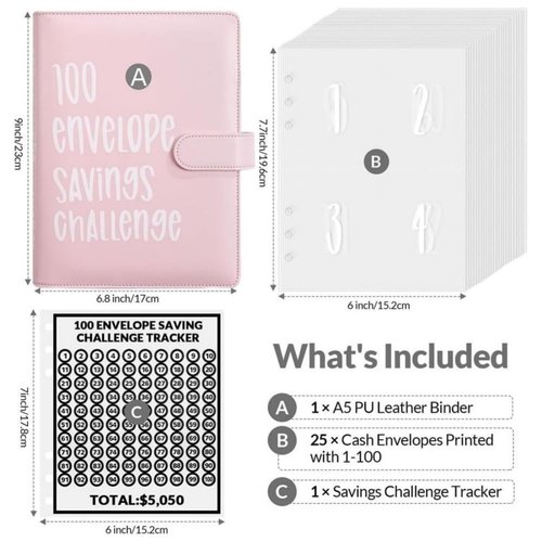 2Pcs 100 Envelopes Money Saving Challenge, 100 Envelope Challenge Binder, Easy and Fun Way to Save $5,050, Budget Book Binder Savings Challenges with Cash Envelopes (Black+Pink)
