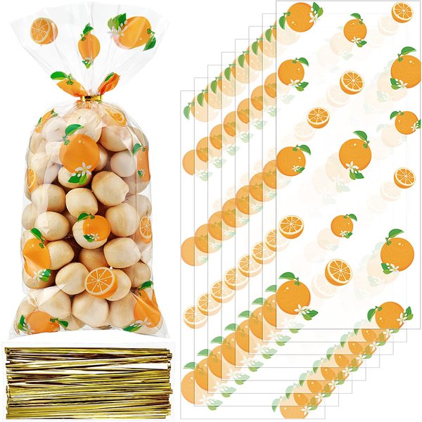 Pajean 100 Pieces Little Cutie Baby Shower Cellophane Treat Bags Oranges Citrus Theme Cuties Baby Shower Party Candy Bags 100 Pieces Twist Ties Tangerine Summer Baby Shower Birthday Party Gold