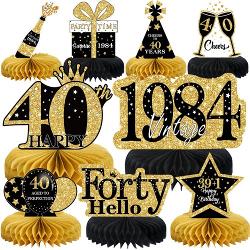 9 Pcs 40th Birthday Decorations Honeycomb Centerpieces for Women Men, Black Gold 1984 Aged to Perfection Vintage Centerpieces for Tables Toppers,Forty Years Birthday Party Decorations Supplies