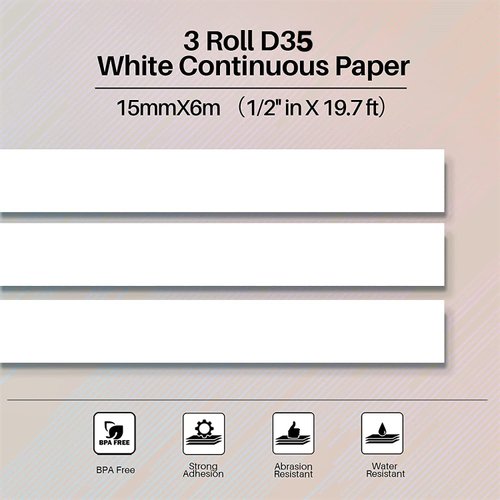 Phomemo 3 Roll D30/D35 Adhesive White Continuous Thermal Label Paper 1/2 in X 20 Ft (15mm X 6m) Black on White, for Phomemo D30/D35 Label Maker for Home Office School Organization, Gift for Decoration