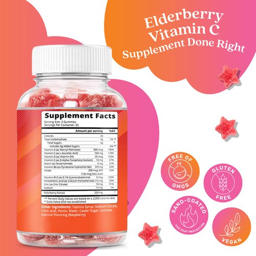 BeLive Elderberry Gummies with Vitamin C, Propolis, Echinacea. Max Strength 200MG - Sambucus Black Elder Immune Support Vitamins Supplement Made for Adults & Kids | Raspberry Flavored. 50 Count
