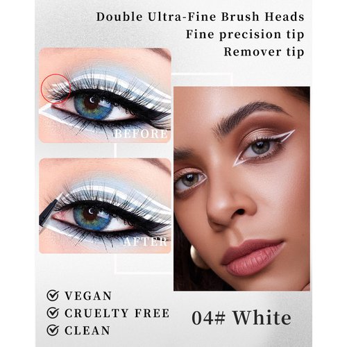 White Liquid Eyeliner with Eye Makeup Remover Eraser Dual-Ended Pen, Waterproof Smudge Proof Long Lasting Quick Drying Eye Liner, Ultra-Fine Brush Head, Colored Eyeliner Pencil Easy for Beginners-04