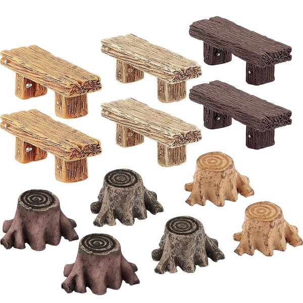 12 Pieces Miniature Garden Ornaments, Includes 6 Pieces Retro Wooden Style Benches, 6 Pieces Artificial Mini Root Stump for Moss Terrariums Landscape Dollhouse Accessories Decorations