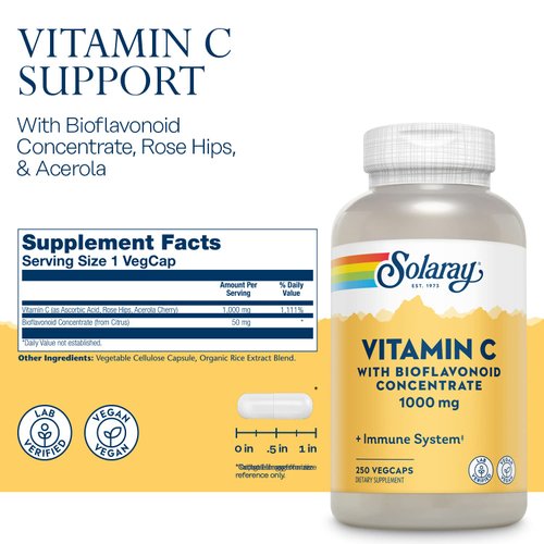 SOLARAY Vitamin C w/Rose HIPS, Acerola & Bioflavonoids, 1000mg, Supports Immune Function & Healthier Skin, Hair, Nails, Non-GMO, Vegan, 250 CT