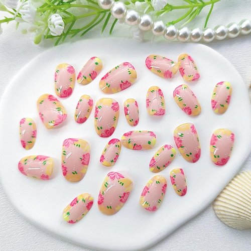 Short Press on Nails Oval Fake Nails Yellow and Red Flower Glue on Nails Light Pink Full Cover Acrylic Nails Press ons Glossy False Nails Artificial Stick on Nails for Women 24Pcs