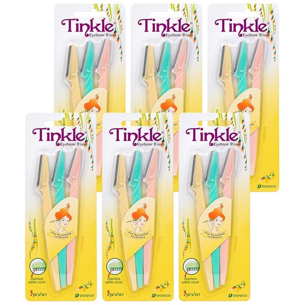 Dorco Tinkle Eyebrow Razors | 18 Razors. (6 Packs of 3) | Eyebrow Trimmer & Dermaplaning Tool | Safe & Easy Facial Hair Removal | Stainless Steel Safety Cover | Ideal for Korean Skincare