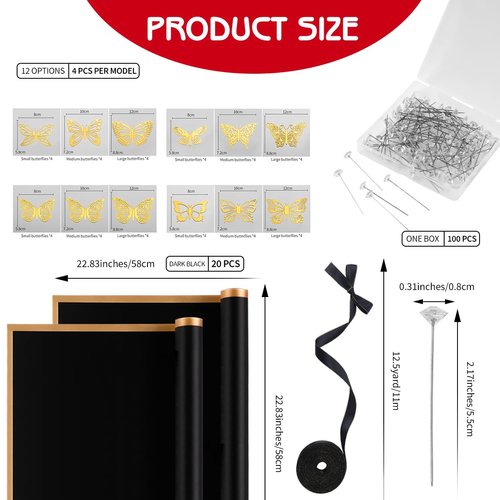 20 Sheets Flower Wrapping Bouquet Paper Floral Wrapping Paper Sheets with 48PCS 3D Gold Butterfly Decor 100 Pearl Pins 12.5 Yards Satin Ribbon for Wedding DIY Craft Mother's Day Birthday Party