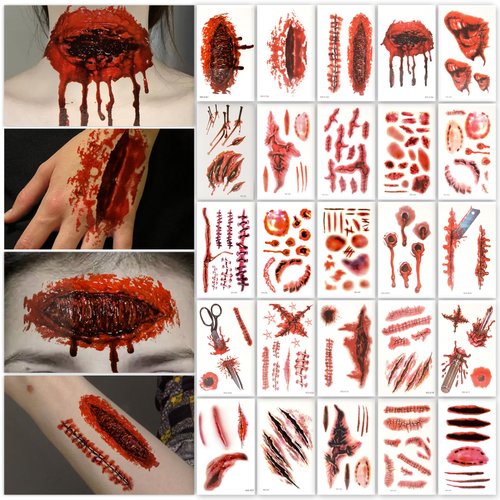 25 Sheets Halloween Zombie Temporary Tattoos, NEDEQI Plus-Size Scar Fake Blood Tattoos Waterproof Realistic Stitches Wound Temp Sticker for Zombie Makeup Chucky SFX Cosume Prank Cosplay Kids Men Women