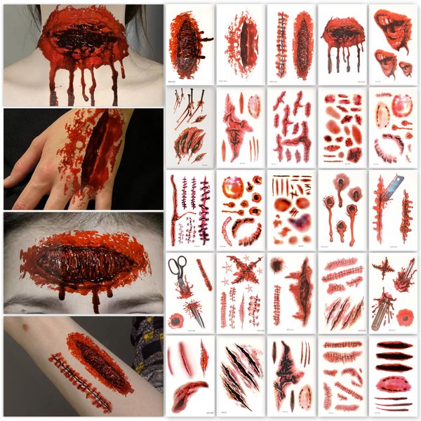 25 Sheets Halloween Zombie Temporary Tattoos, NEDEQI Plus-Size Scar Fake Blood Tattoos Waterproof Realistic Stitches Wound Temp Sticker for Zombie Makeup Chucky SFX Cosume Prank Cosplay Kids Men Women
