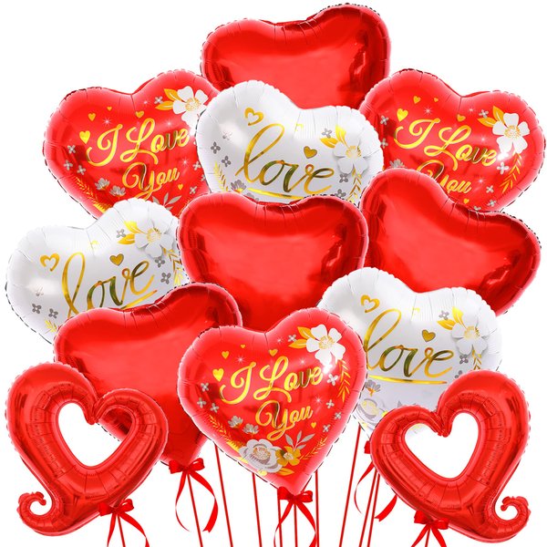 KatchOn, Red and White I Love You Balloons - 18 Inch, Pack of 12 | Love Heart Balloons for Valentines Day Decor | Heart Shaped Balloons for Romantic Decorations Special Night | Valentines Day Balloons