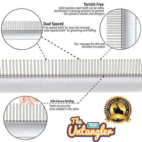 Cat Comb with silky smooth rotating teeth- clears mats gently and easily (5" has ultra fine spaced teeth; 7" dual-spaced teeth) (Blue, 7")