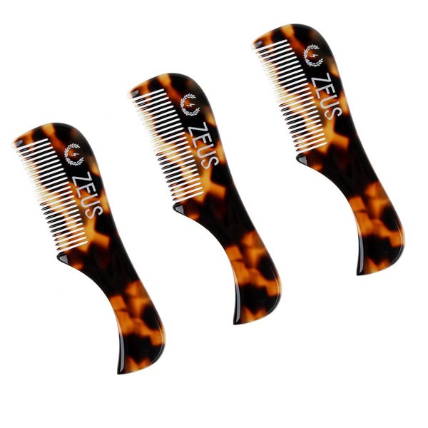 ZEUS 3-Pack Handmade Saw-Cut Mustache Comb, Fined Toothed, Durable Cellulose, Hand Polished, Pocket Comb & Beard Comb for Mustache and Beard - Tortoiseshell