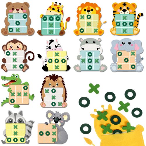 Capoda 24 Pack Jungle Animals Safari Theme Party Favors Tic Tac Toe Strategic Board Game Felt with Storage Bags Jungle Theme Goodie Bags Stuffers for Safari Animal Birthday Party Favor Classroom Prize