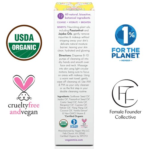 Vegan Mia - USDA Organic Facial Cleansing Oil & Makeup Remover - All-Natural Hydrating Oil Cleanser for Face, Eyes & Lips, Gently Removes Eye Makeup, Sunscreen, Foundation & Lipstick, 3.4 fl oz