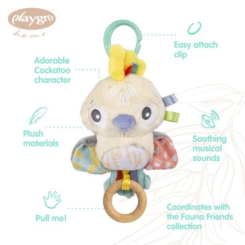 Playgro Fauna Friends Pull String Cockatoo - Interactive Musical Toy with Hanging Features for Car Seats & Cribs - Blend of Teething & Sensory Exploration - A Whimsical Addition to Your Baby Gym Toys