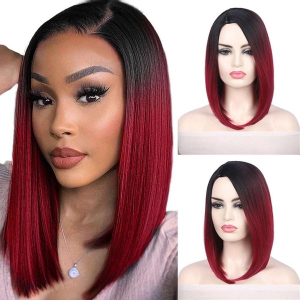 Quick Wig Short Bob Wig Ombre Red Wigs Side Part Cosplay Party Halloween Wigs Bowl Cut Wig Heat Resistant Fiber Synthetic Wigs for Women 1B Red