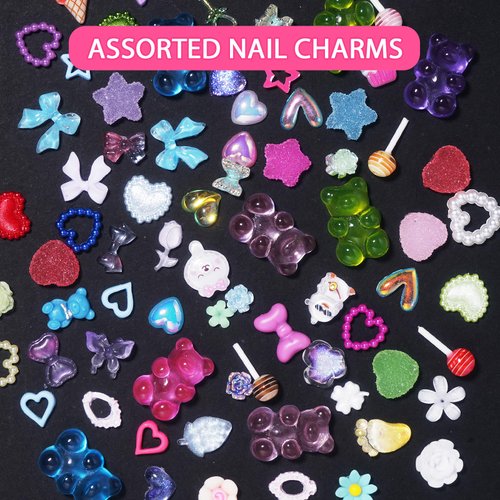 Uotey 3D Bear Candy Nail Charms Assorted Mix Pink Blue White Acrylic Nail Charms Lollipop Color Flower Butterfly Bowknots Heart Pearls Candy Cute Nail Charms for Nail Art DIY Accessories