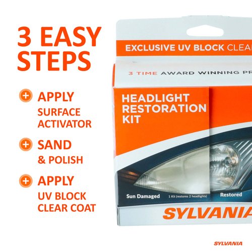 SYLVANIA - Headlight Restoration Kit - 3 Easy Steps to Restore Sun Damaged Headlights With Exclusive UV Block Clear Coat, Light Output and Beam Pattern Restored, Long Lasting Protection