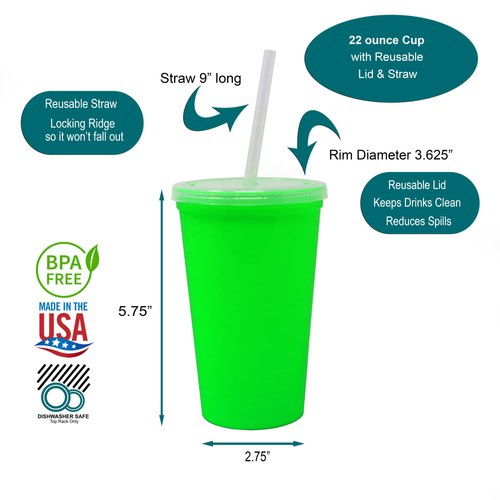 Rolling Sands 22 oz Reusable Plastic Cups with Lids, 10 Pack, USA Made Lime Green Tumblers; Includes 10 Reusable Straws; Dishwasher Safe