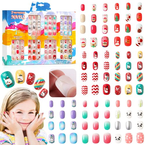 Major Dijit 7-Day Press on Nails for Kids - 84 pcs 7 pack Fake Nails for Girls Cute Pattern Self Adhesive Pre-glue False Nail Tips for Little Girls (Panda)