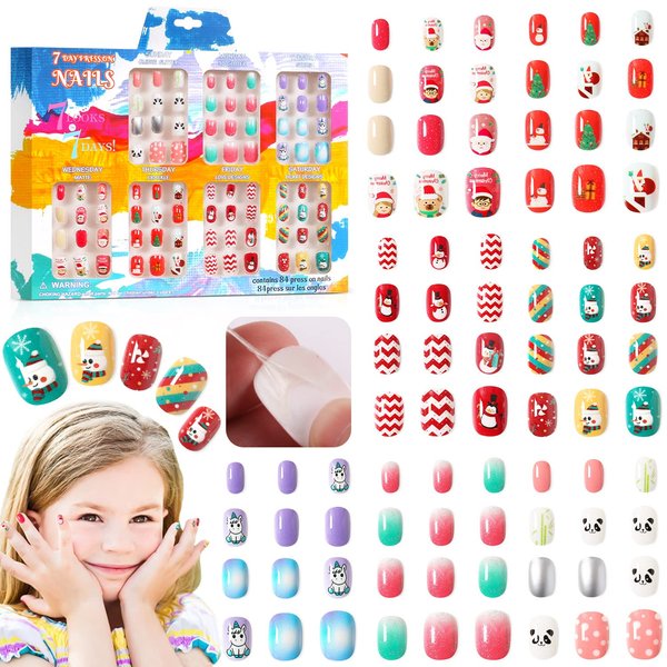 Major Dijit 7-Day Press on Nails for Kids - 84 pcs 7 pack Fake Nails for Girls Cute Pattern Self Adhesive Pre-glue False Nail Tips for Little Girls (Panda)