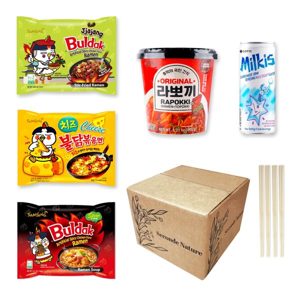 Journey of Asia "Korean Spicy Ramen Box" | 3 Buldak Ramen "Original, Cheese, Carbo +1 Korean Spicy Rice Cake Tteokbokki +1 Korean Sweet Drink + 4 Chopsticks | Asian Snack Box Gift