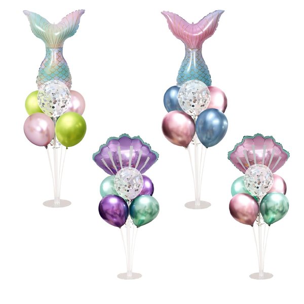 Mermaid Table Decoration Balloon Holder Kit 4 Sets with 2 Shell Foil Balloons and 2 Mermaid Tail Foil Balloons 24 Latex Balloons for Mermaid Balloon Centerpiece Stand Birthday Party Decorations