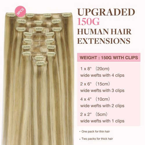 GOO GOO Clip in Hair Extensions Real Human Hair, Remy Human Hair Extensions Clip ins for Women, Natural Human Hair, 20inch 150g 9Pcs, 16/22 Light Blonde Highlighted Golden Blonde