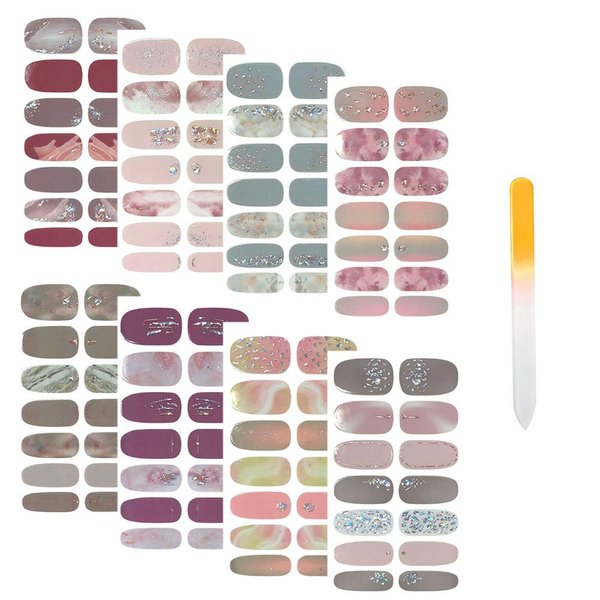 SIUSIO 112pcs 8 Sheets Full Nail Wraps Nail Polish Strips Stickers Gradient Glitter Stick on Gel Nail Polish Strips for Nail Art with 1PCS Crystal Glass Nail Files for Women Girls