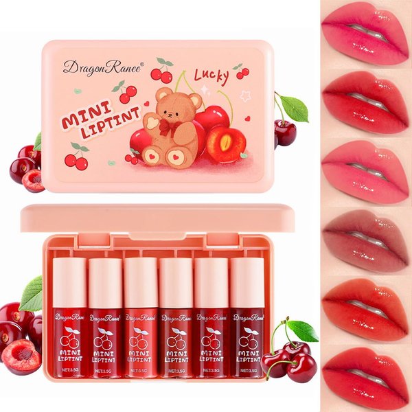 6 Colors Lip Tint Stain Set, Korean Velvet Lip Stain Lip and Cheek Tint Non Sticky Tinted Lip Gloss Long Lasting Mini Liquid Lipstick Set, Long Lasting, Non-Stick, High Pigment, Vivid Color (Cherry)
